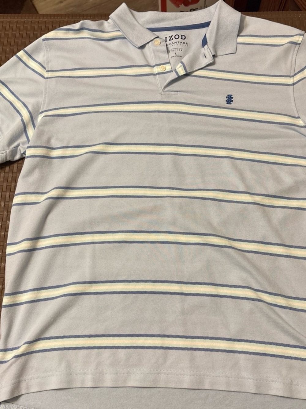 Izod Men’s Pale Blue Polo with Navy and Yellow Stripes